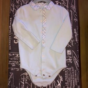 Boys’ Burberry long sleeved collared onesie.